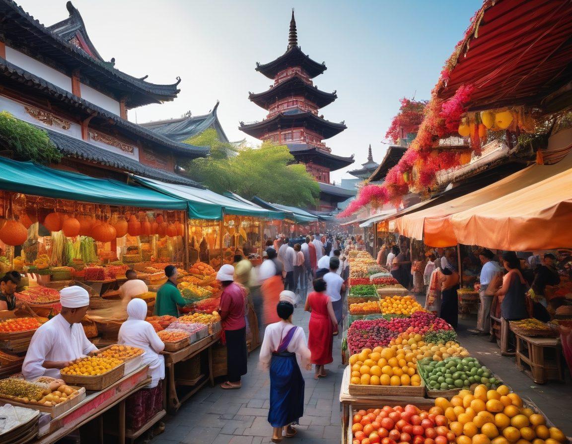 A vibrant collage of Asian cultural elements showcasing a bustling street market with colorful stalls filled with exotic fruits and spices, traditional dancers in ornate costumes, and diverse people enjoying communal meals. The background features iconic Asian landmarks like pagodas and temples. Emphasize warmth, diversity, and cultural richness. super-realistic. vibrant colors. white background.