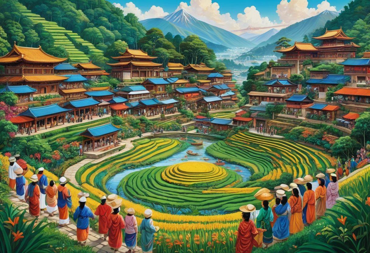 A vibrant mosaic of diverse Asian cultural symbols, including traditional attire, festivals, and communal gatherings. Showcase a dynamic blend of multiple Asian landscapes such as rice terraces, temples, and bustling markets, with people of various ethnicities engaging in traditional crafts and celebrations. The background should evoke a sense of unity and connection, featuring flowing patterns that symbolize community bonds. bright colors. super-realistic. vibrant detail.