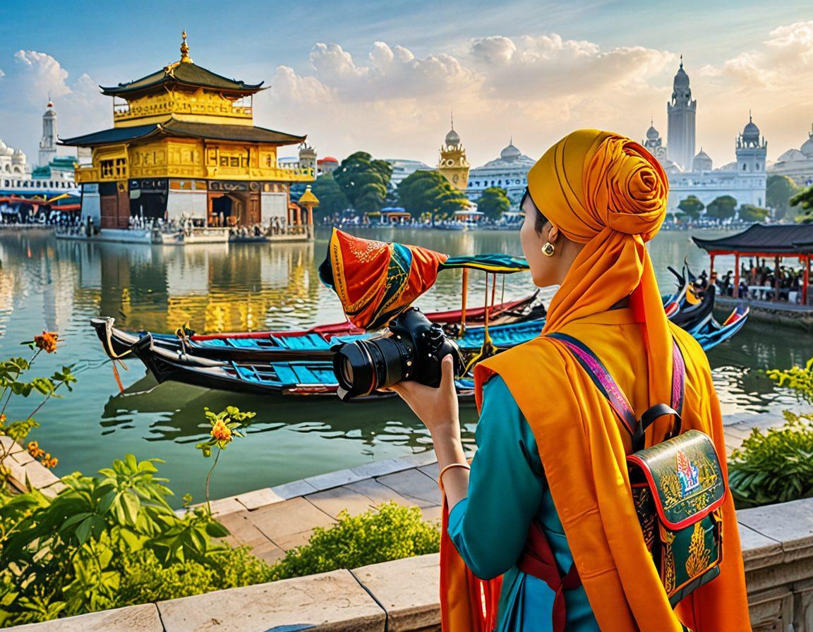 A breathtaking scene of diverse cultural landmarks from Asia, featuring a golden temple, bustling street markets, and traditional dancers in colorful attire. In the foreground, a backpack with travel essentials like a camera and a map, symbolizing adventure. The background is filled with lush greenery and the iconic skyline of a city, capturing the essence of exploration. Warm, inviting tones with dynamic movement to evoke excitement. super-realistic. vibrant colors. expansive view.